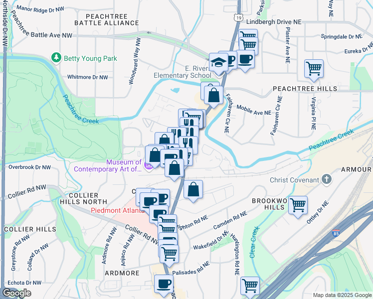 map of restaurants, bars, coffee shops, grocery stores, and more near 2171 Peachtree Street Northwest in Atlanta