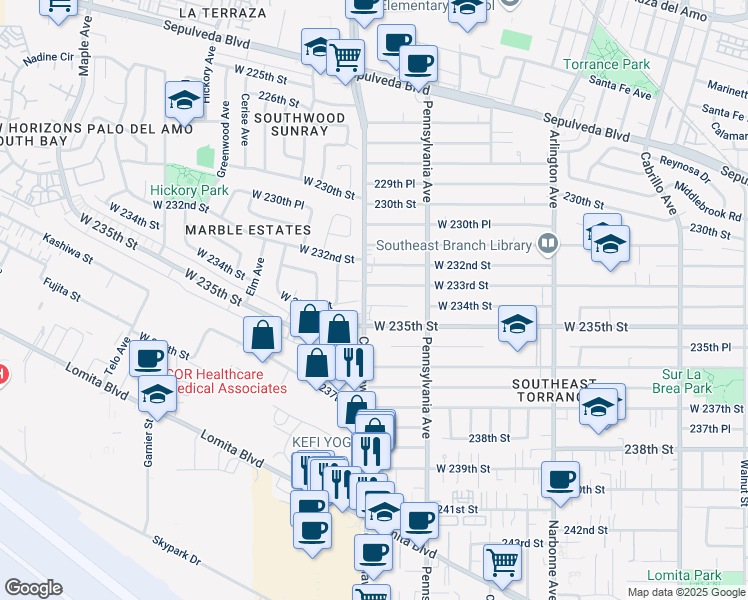 map of restaurants, bars, coffee shops, grocery stores, and more near in Torrance
