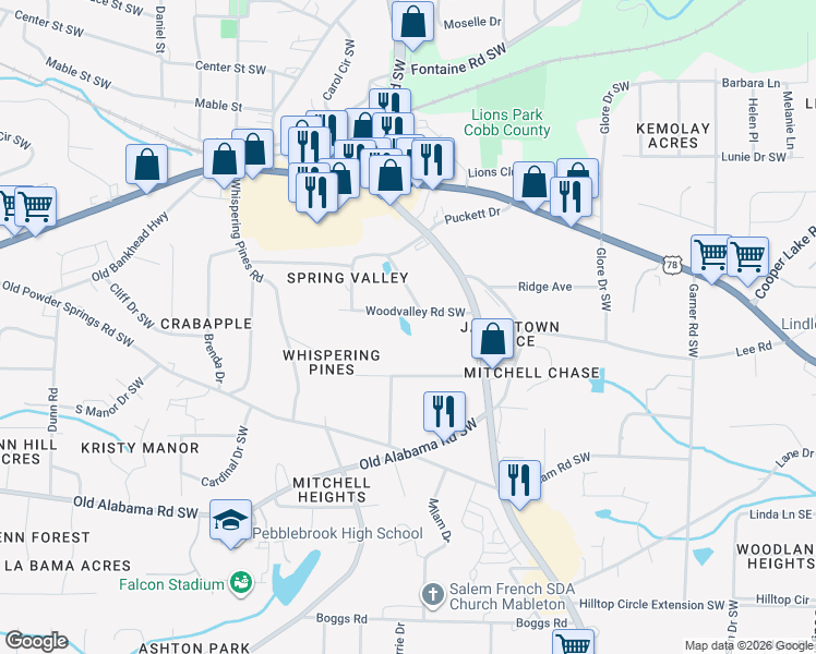 map of restaurants, bars, coffee shops, grocery stores, and more near 707 Wood Valley Road Southwest in Mableton