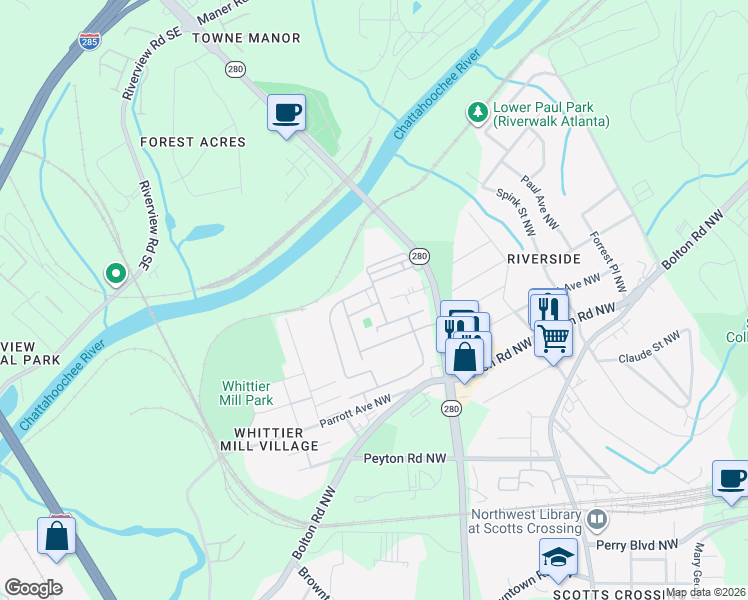 map of restaurants, bars, coffee shops, grocery stores, and more near 2116 Silas Way Northwest in Atlanta