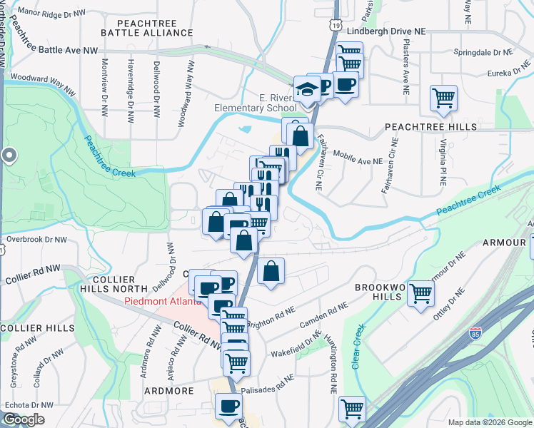map of restaurants, bars, coffee shops, grocery stores, and more near 2143 U.S. 19 in Atlanta