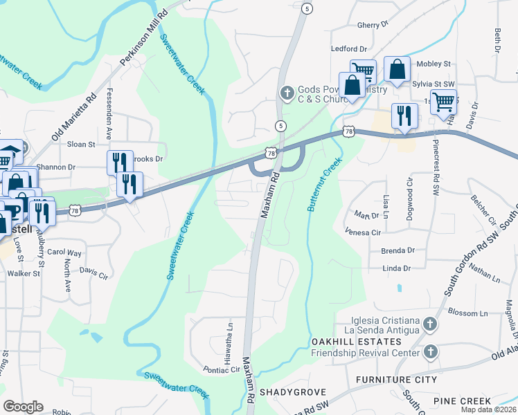 map of restaurants, bars, coffee shops, grocery stores, and more near 3005 Creekside Overlook Way in Austell