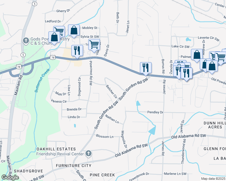 map of restaurants, bars, coffee shops, grocery stores, and more near 1799 Belcher Circle in Austell