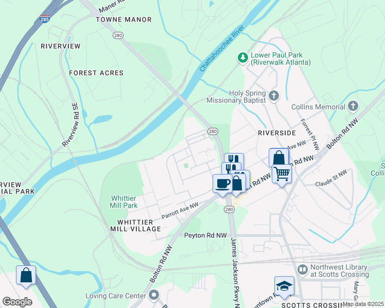 map of restaurants, bars, coffee shops, grocery stores, and more near 2111 Silas Way in Atlanta