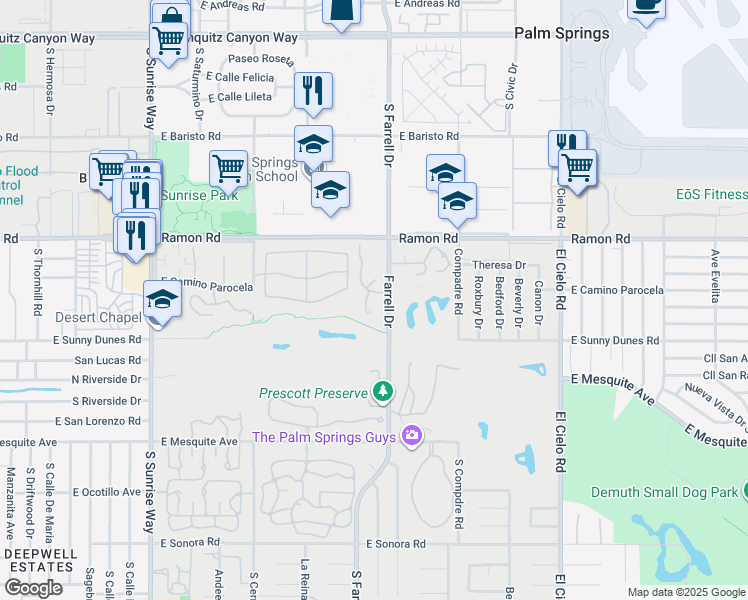 map of restaurants, bars, coffee shops, grocery stores, and more near 505 South Farrell Drive in Palm Springs