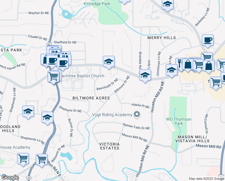 map of restaurants, bars, coffee shops, grocery stores, and more near 1565 Adelia Place Northeast in Atlanta