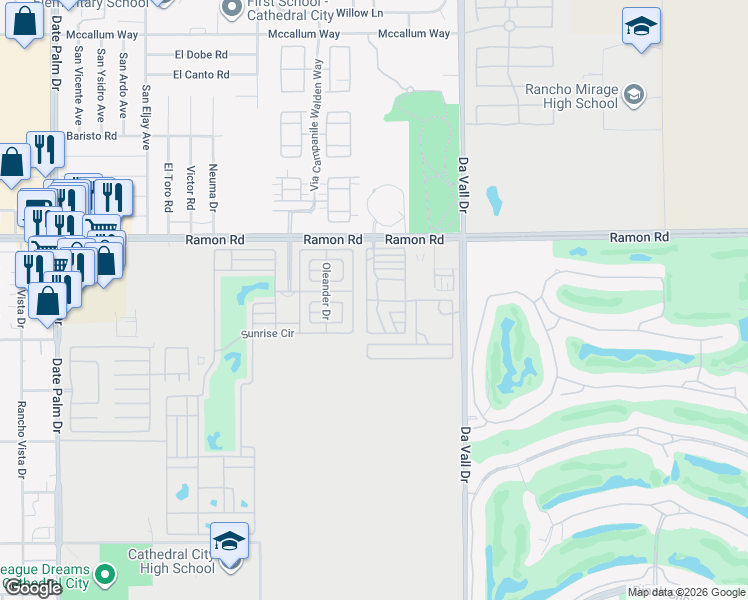 map of restaurants, bars, coffee shops, grocery stores, and more near 69801 Ramon Road in Cathedral City