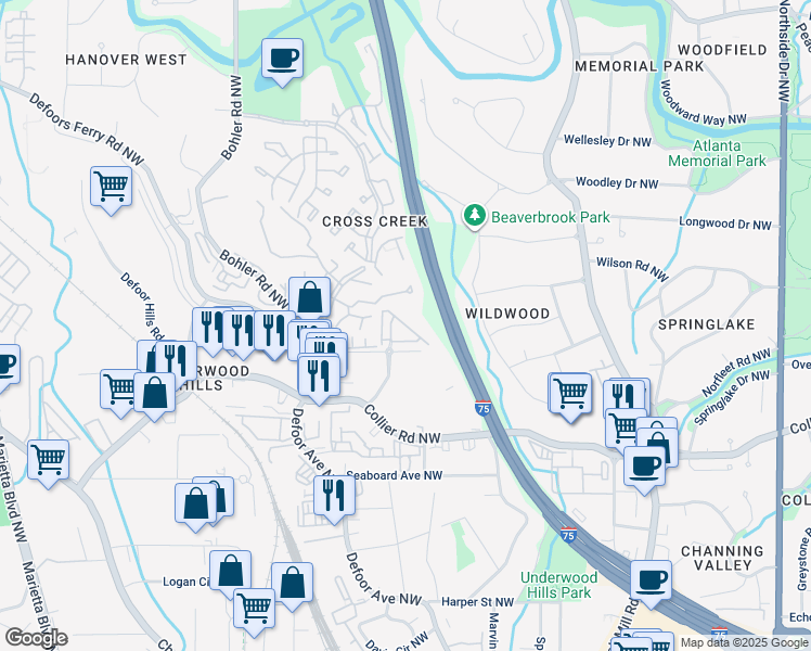map of restaurants, bars, coffee shops, grocery stores, and more near 2121 Bellrick Road Northwest in Atlanta
