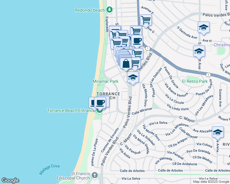 map of restaurants, bars, coffee shops, grocery stores, and more near 239 Calle Miramar in Redondo Beach