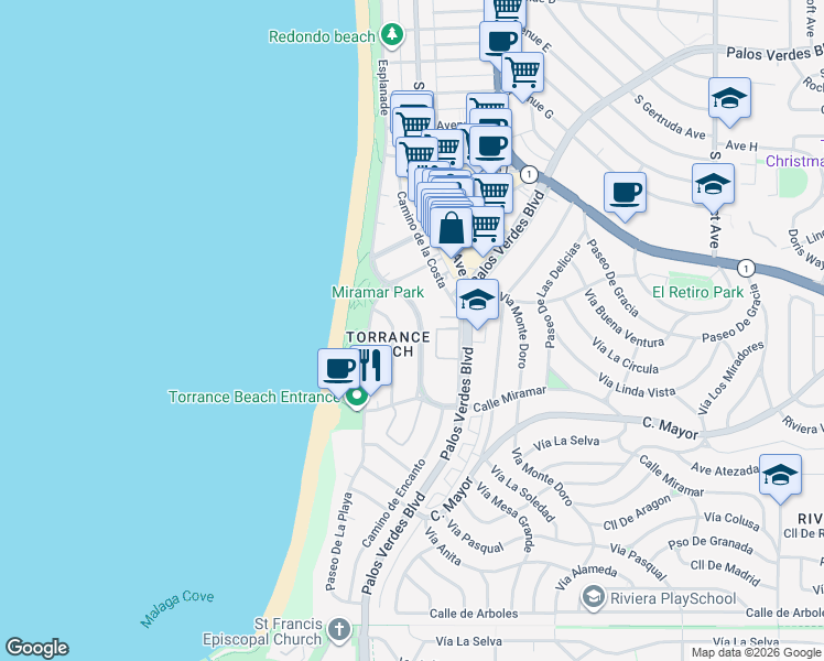 map of restaurants, bars, coffee shops, grocery stores, and more near 239 Calle Miramar in Redondo Beach