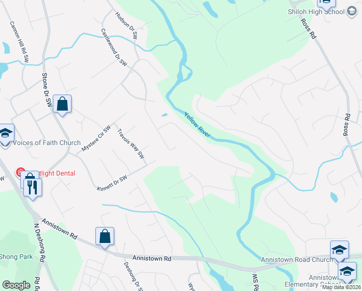 map of restaurants, bars, coffee shops, grocery stores, and more near 5007 Castlewood Drive Southwest in Lilburn