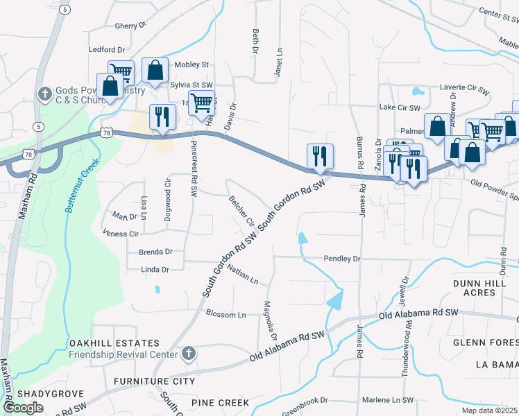 map of restaurants, bars, coffee shops, grocery stores, and more near 5804 South Gordon Road Southwest in Austell
