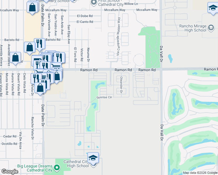 map of restaurants, bars, coffee shops, grocery stores, and more near Tennis Court Drive in Cathedral City