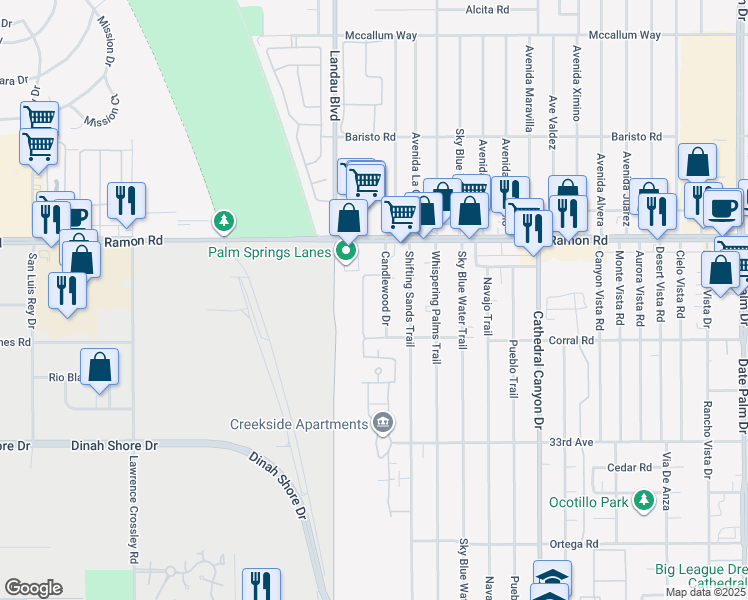 map of restaurants, bars, coffee shops, grocery stores, and more near 32505 Candlewood Drive in Cathedral City