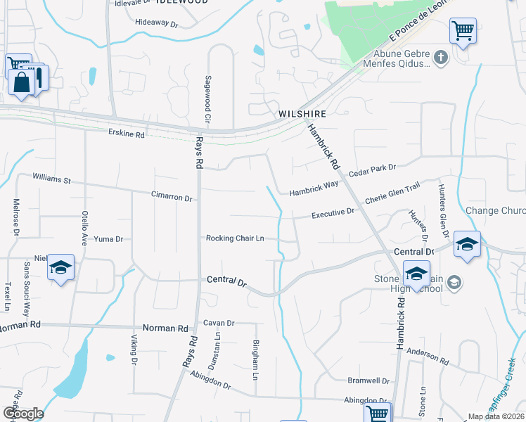 map of restaurants, bars, coffee shops, grocery stores, and more near 4282 Executive Drive in Stone Mountain