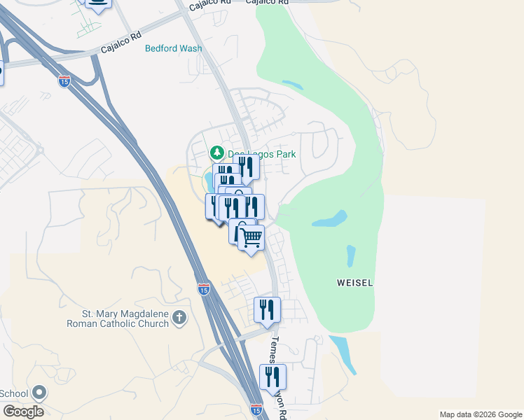 map of restaurants, bars, coffee shops, grocery stores, and more near 4456 Owens Street in Corona