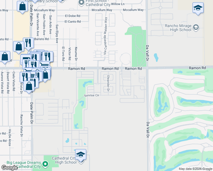 map of restaurants, bars, coffee shops, grocery stores, and more near Oleander Drive in Cathedral City