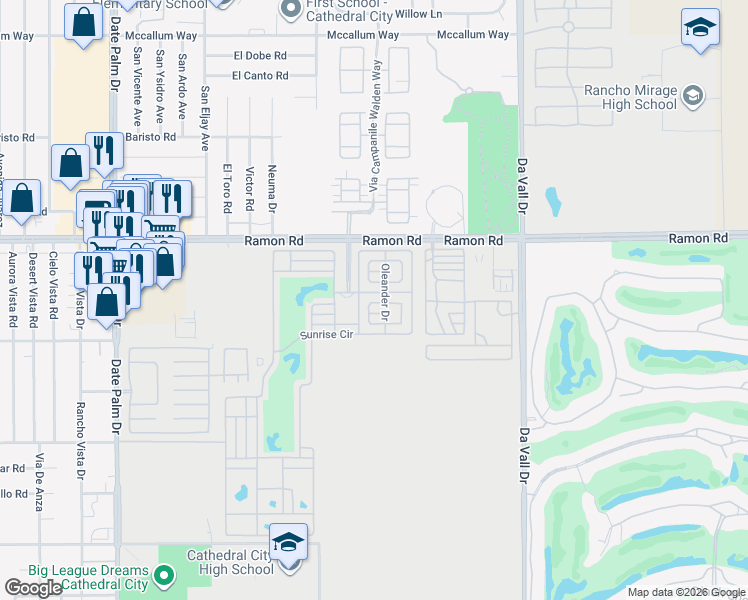 map of restaurants, bars, coffee shops, grocery stores, and more near Oleander Drive in Cathedral City