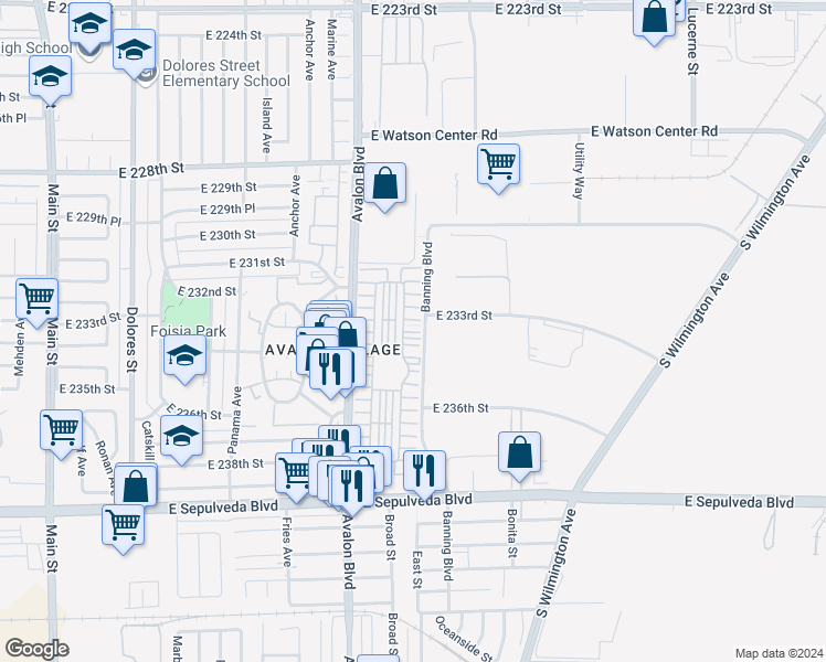 map of restaurants, bars, coffee shops, grocery stores, and more near 3 Ocotillo Lane in Carson
