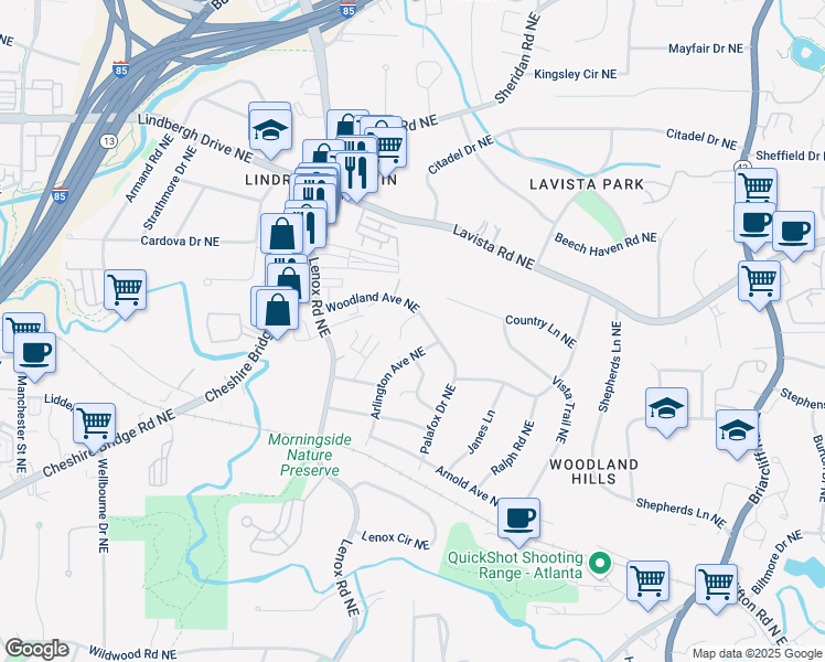 map of restaurants, bars, coffee shops, grocery stores, and more near 1233 Woodland Avenue Northeast in Atlanta