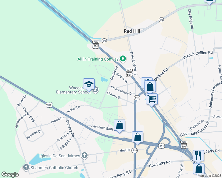 map of restaurants, bars, coffee shops, grocery stores, and more near 254 Chevy Chase Drive in Conway