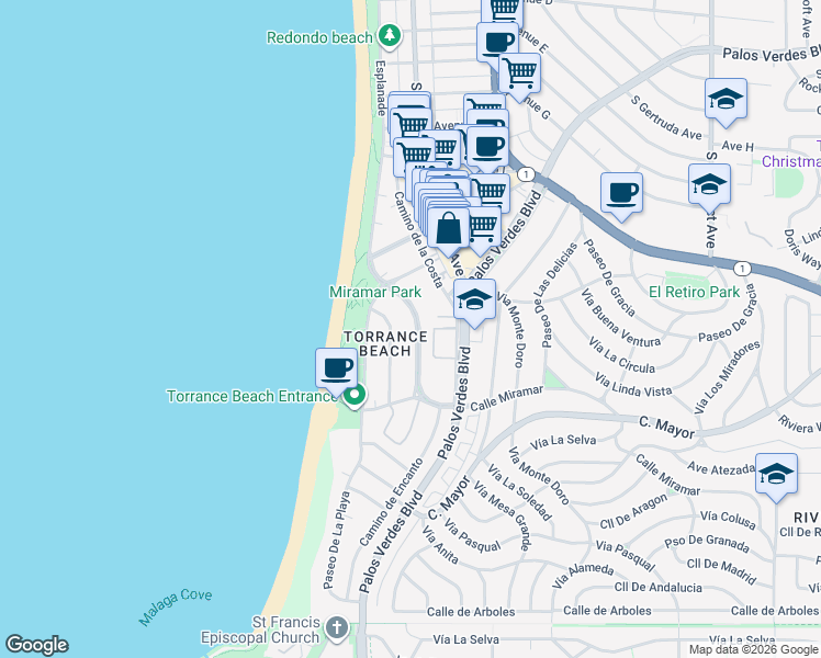 map of restaurants, bars, coffee shops, grocery stores, and more near 239 Calle Miramar in Redondo Beach
