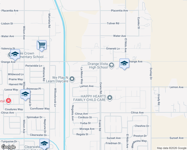 map of restaurants, bars, coffee shops, grocery stores, and more near 1160 Vallejo Street in Perris