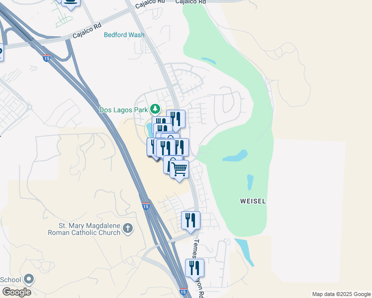 map of restaurants, bars, coffee shops, grocery stores, and more near 4452 Owens Street in Corona
