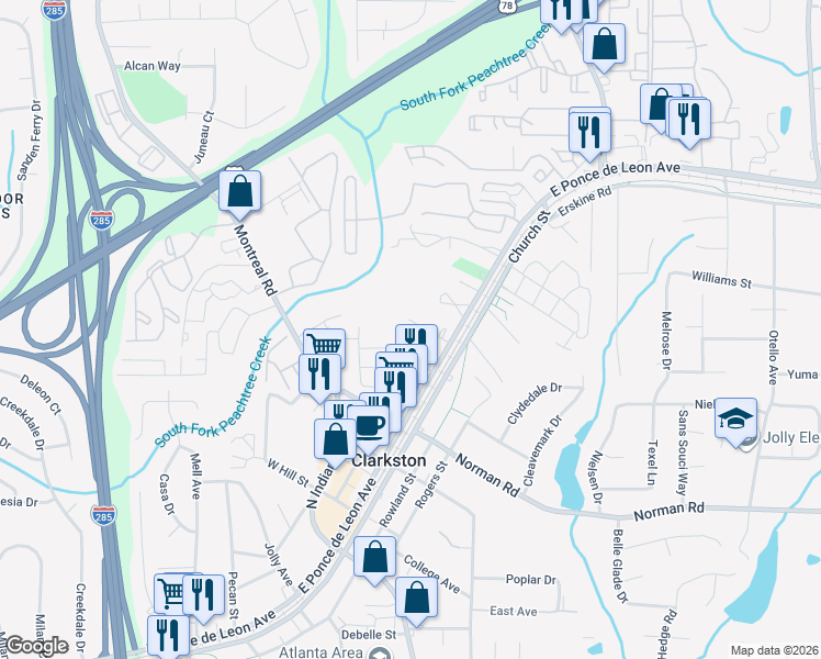 map of restaurants, bars, coffee shops, grocery stores, and more near 3669 West Smith Street in Clarkston