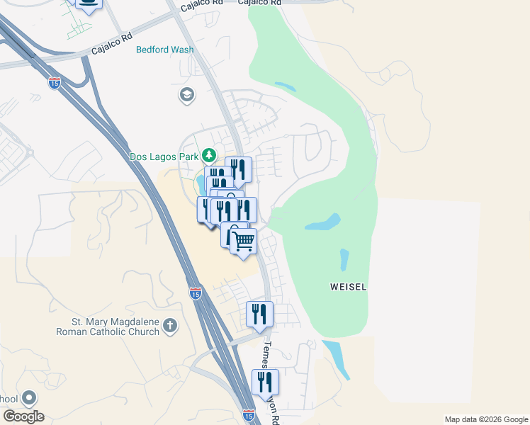 map of restaurants, bars, coffee shops, grocery stores, and more near 4457 Owens Street in Corona