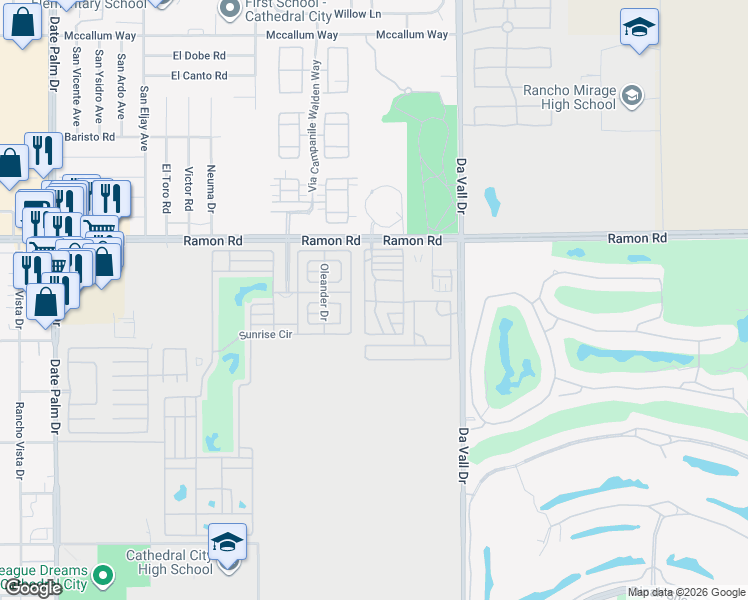 map of restaurants, bars, coffee shops, grocery stores, and more near 69801 Ramon Road in Cathedral City