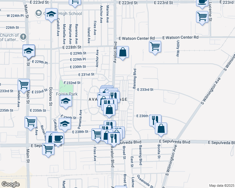 map of restaurants, bars, coffee shops, grocery stores, and more near 11 Wells Fargo Lane in Carson