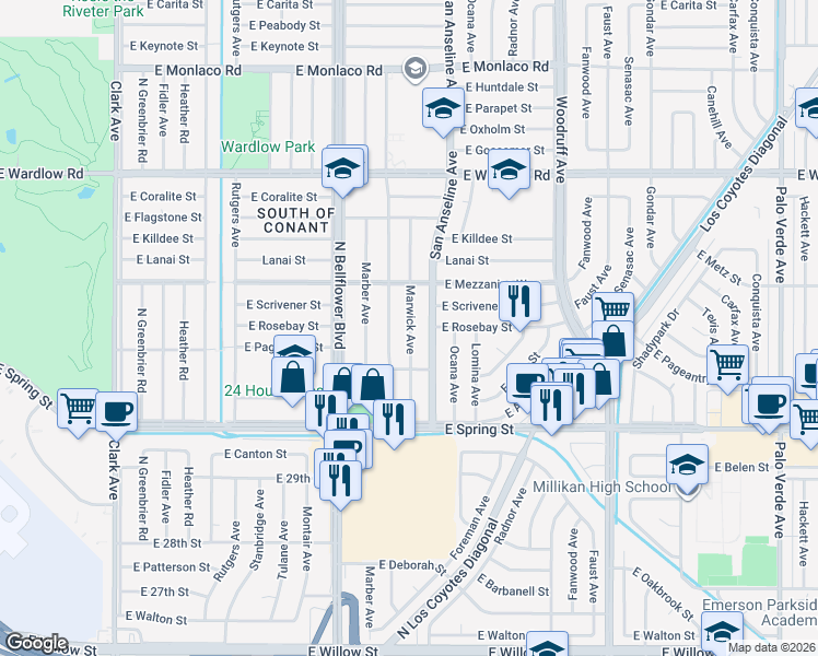 map of restaurants, bars, coffee shops, grocery stores, and more near 3253 Marwick Avenue in Long Beach