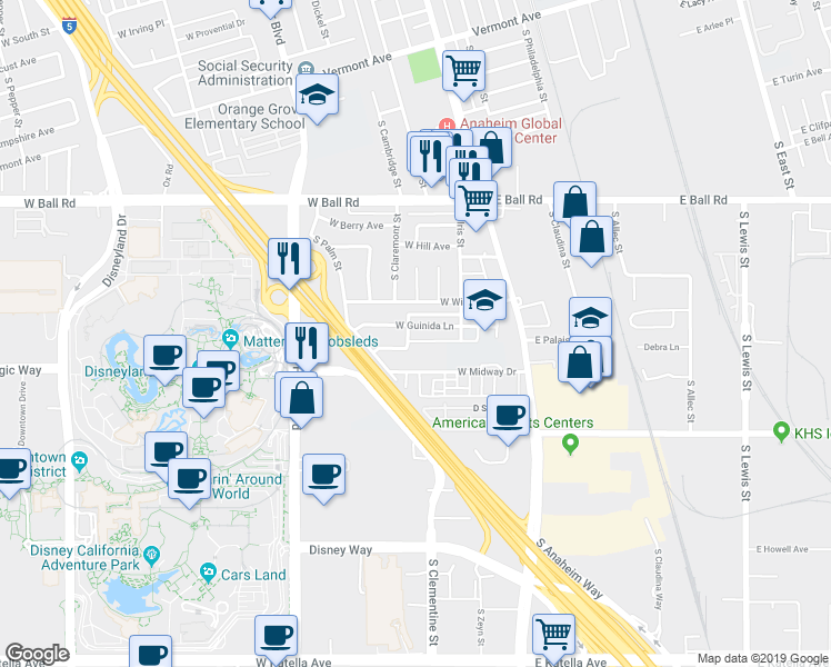 map of restaurants, bars, coffee shops, grocery stores, and more near 182 West Winston Road in Anaheim