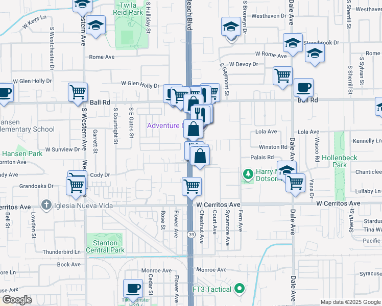 map of restaurants, bars, coffee shops, grocery stores, and more near in Stanton