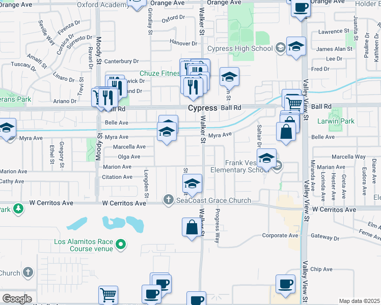 map of restaurants, bars, coffee shops, grocery stores, and more near 5441 Marcella Avenue in Cypress