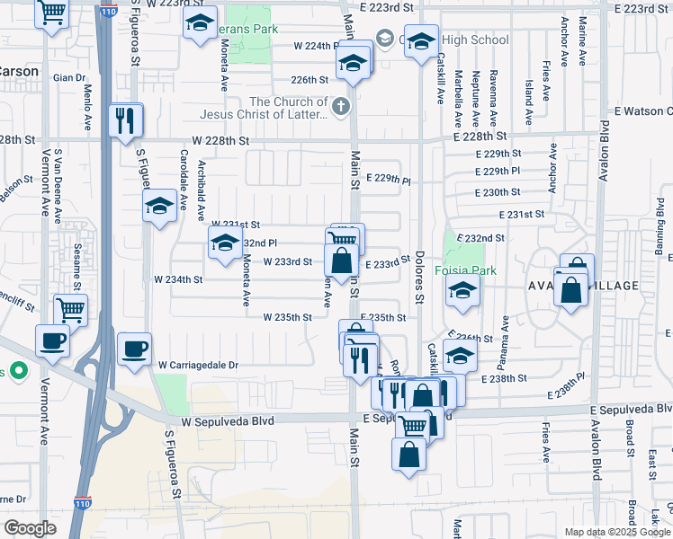 map of restaurants, bars, coffee shops, grocery stores, and more near 23240 Mehden Avenue in Carson