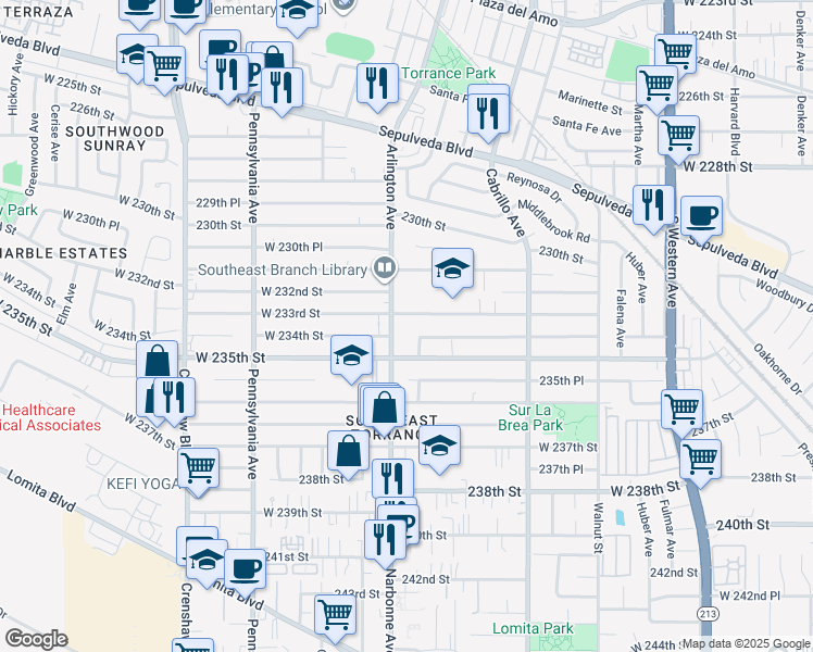 map of restaurants, bars, coffee shops, grocery stores, and more near 23219 Arlington Avenue in Torrance