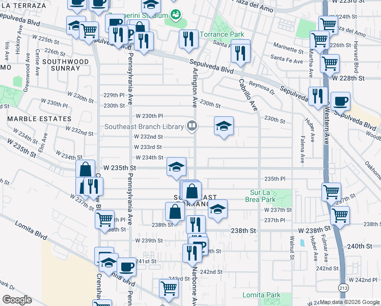 map of restaurants, bars, coffee shops, grocery stores, and more near 23219 Arlington Avenue in Torrance