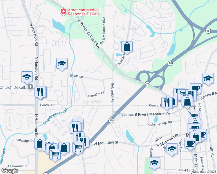 map of restaurants, bars, coffee shops, grocery stores, and more near 5029 Sheila Lane in Stone Mountain