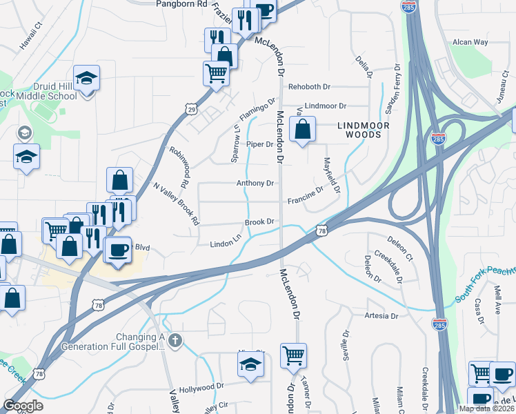 map of restaurants, bars, coffee shops, grocery stores, and more near 3094 Francine Drive in Decatur