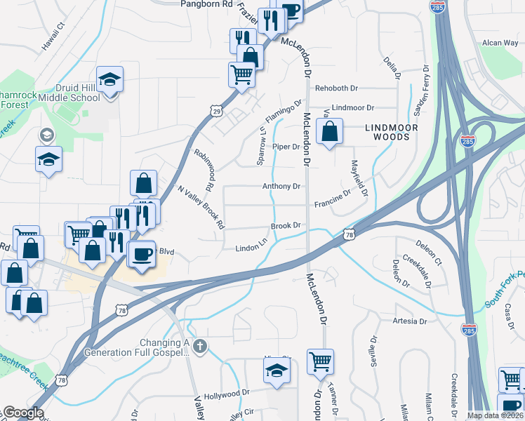 map of restaurants, bars, coffee shops, grocery stores, and more near 3064 Francine Drive in Decatur