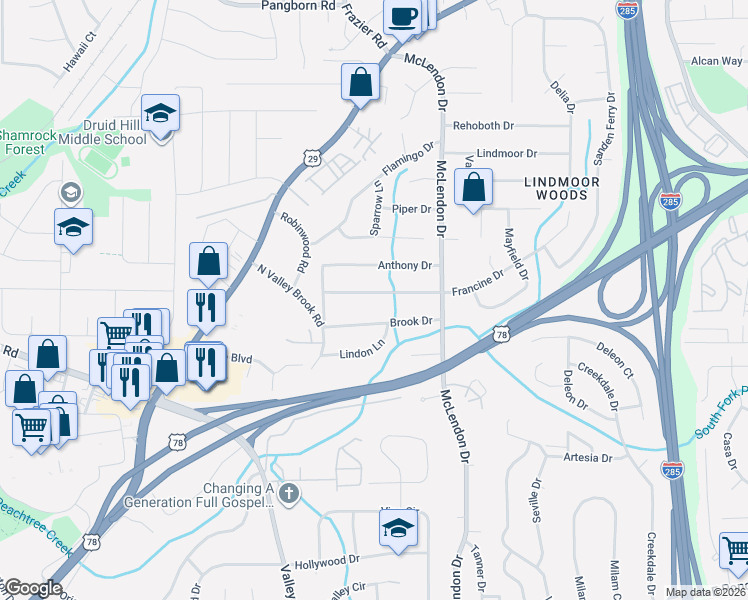 map of restaurants, bars, coffee shops, grocery stores, and more near 3064 Francine Drive in Decatur