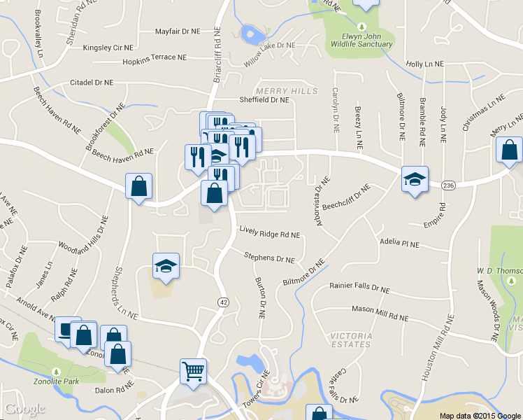 map of restaurants, bars, coffee shops, grocery stores, and more near 1598 Briarvista Way in Atlanta