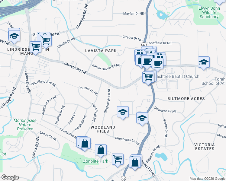 map of restaurants, bars, coffee shops, grocery stores, and more near 1493 Lavista Road Northeast in Atlanta