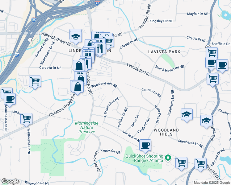 map of restaurants, bars, coffee shops, grocery stores, and more near 1233 Woodland Avenue Northeast in Atlanta