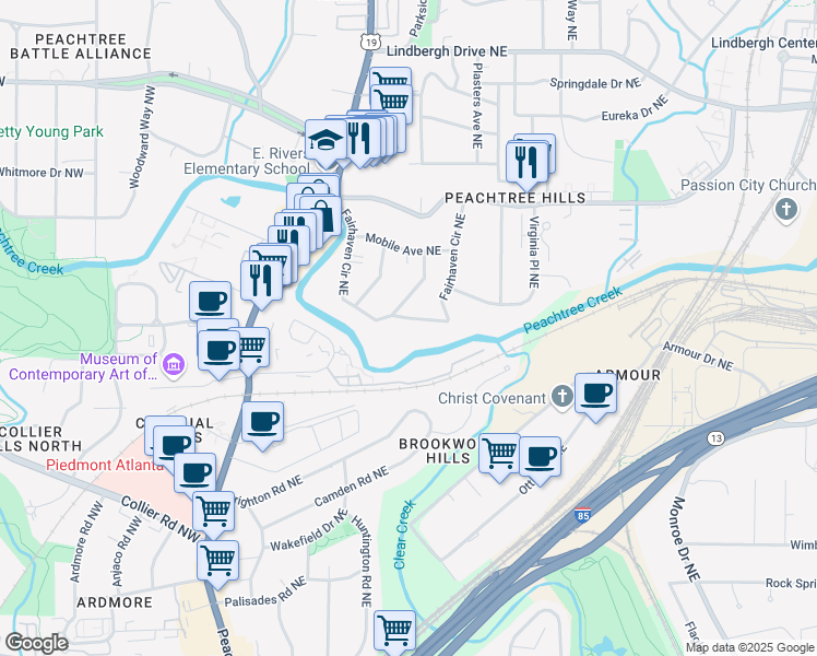 map of restaurants, bars, coffee shops, grocery stores, and more near 2129 Fairhaven Circle Northeast in Atlanta