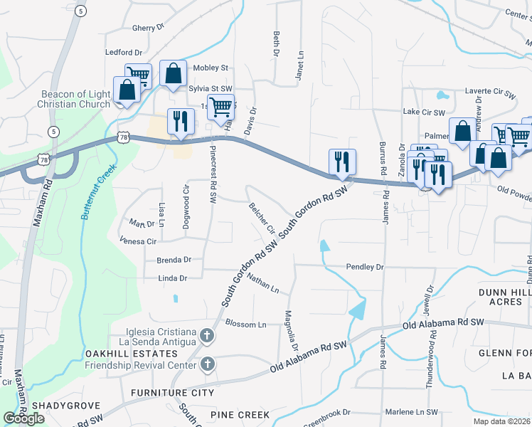 map of restaurants, bars, coffee shops, grocery stores, and more near 1799 Belcher Circle in Austell