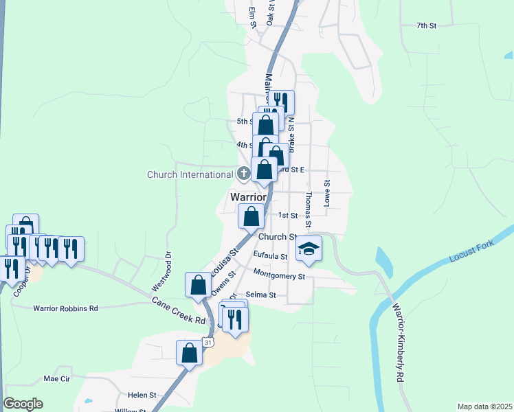 map of restaurants, bars, coffee shops, grocery stores, and more near in Warrior