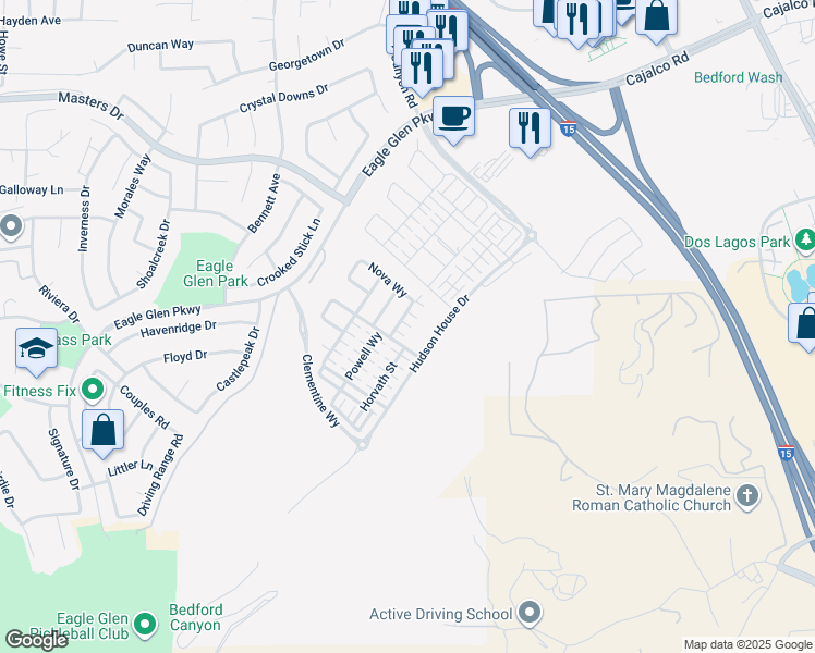 map of restaurants, bars, coffee shops, grocery stores, and more near 4127 Cameron Way in Corona